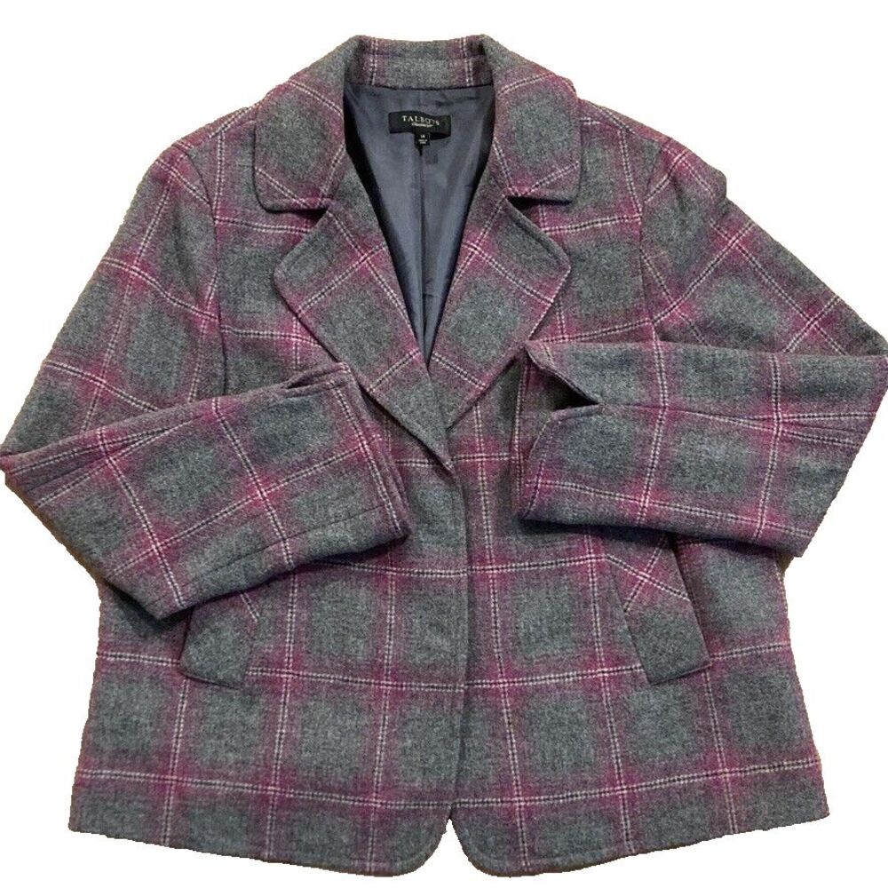 Talbots Glen Plaid Tweed Blazer Jacket Size 14 Gray Purple Wool Dark Academia